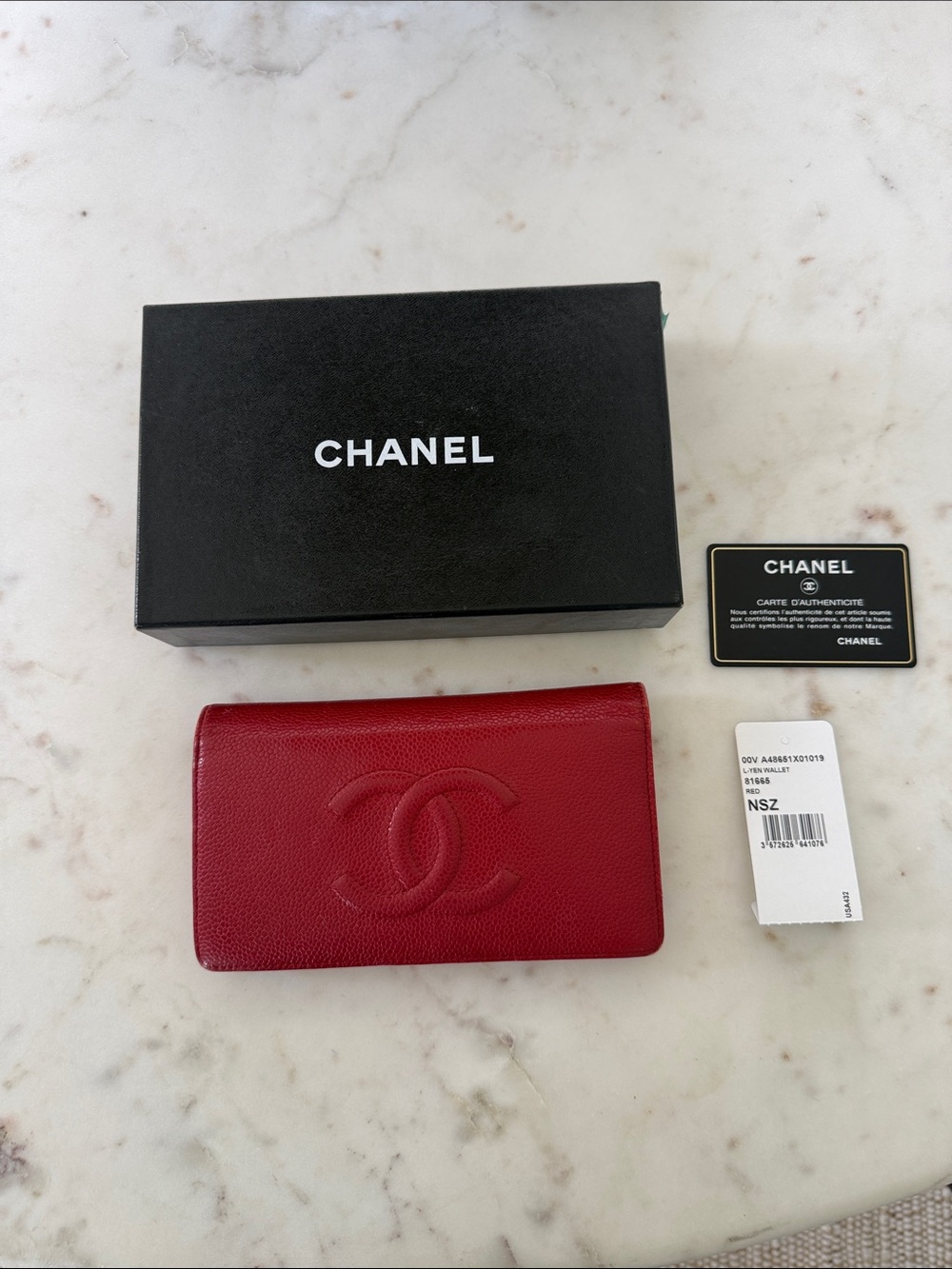CHANEL Red Caviar Leather Wallet Embossed CC